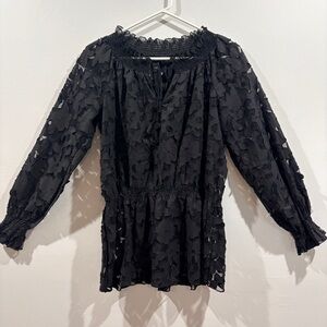 Black Sheer Smocked Blouse Romantic Floral Mesh Top Medium Evening Coquette
